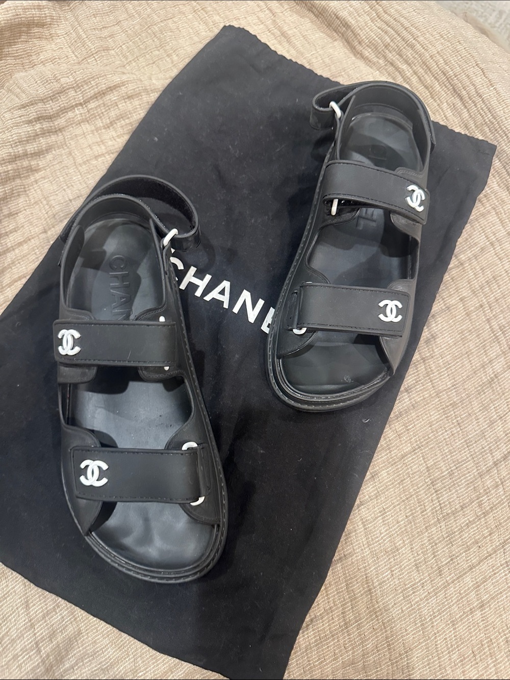 CHANEL Dad- Black Rubber Double-Strap Sandals